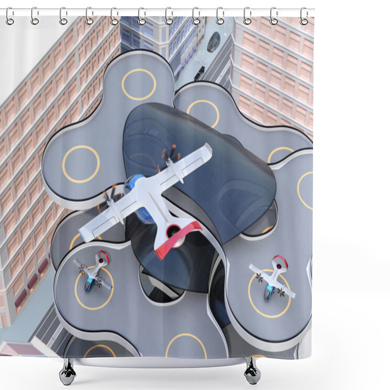 Personality  E-VTOL Passenger Aircraft Closing To Airport Prepare To Landing. Urban Passenger Mobility Concept. 3D Rendering Image. Shower Curtains