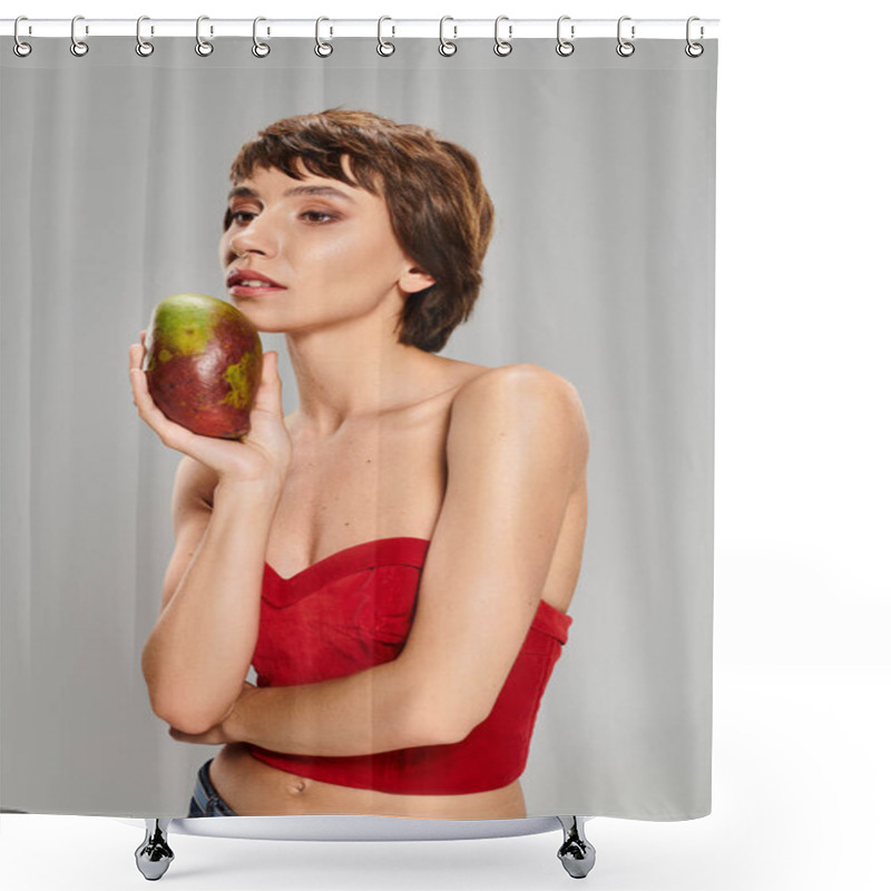 Personality  A Young Woman In A Red Top Holds A Ripe Mango In A Vibrant Setting. Shower Curtains