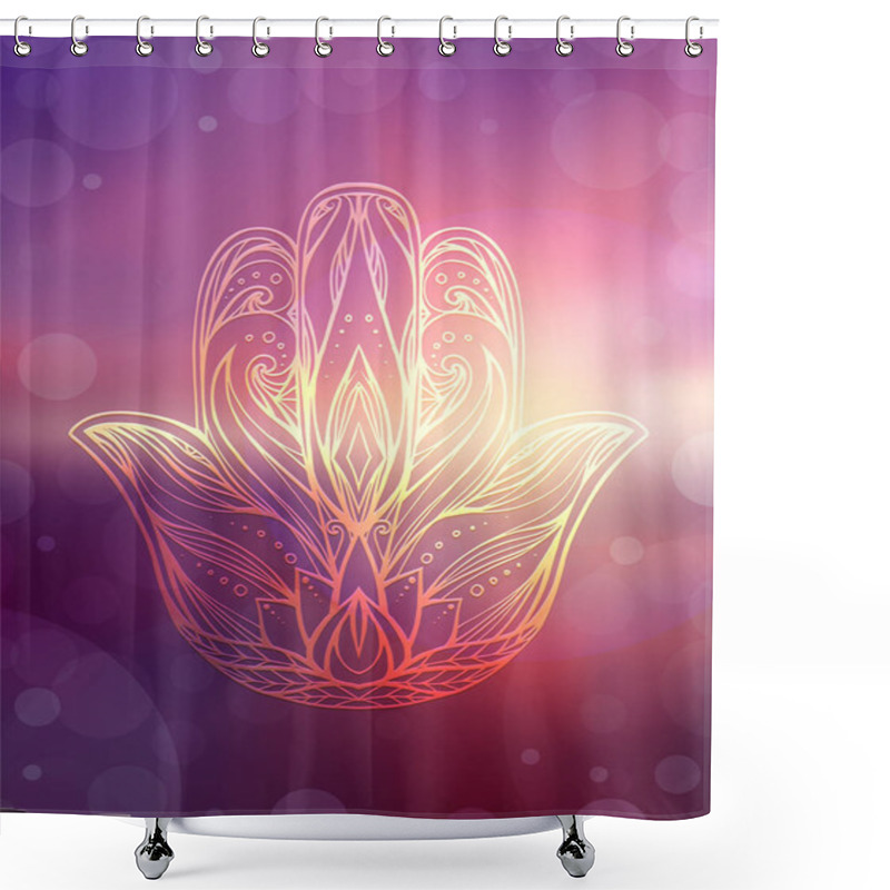 Personality  Hamsa With Tribal Pattern On Blurred Ocean And Sunset Background Shower Curtains