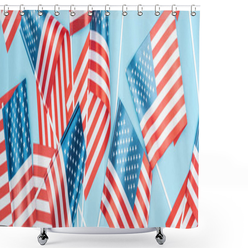 Personality  Panoramic Shot Of Scattered American Flags On Sticks On Blue Background Shower Curtains