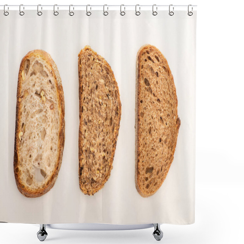 Personality  Flat Lay With Fresh Whole Grain Bread Slices On White Background Shower Curtains