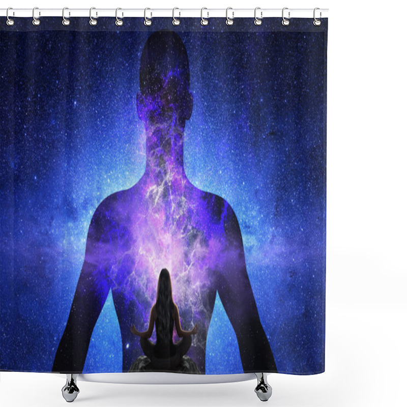 Personality  Woman Doing Yoga In Front Of Giant Silhouette Of Man With Universe Shower Curtains