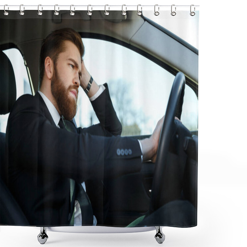 Personality  Side View Of Tired Business Man Driving Car Shower Curtains