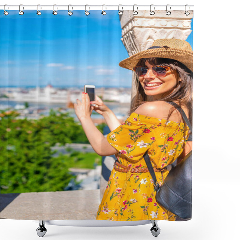 Personality  A Beautiful Woman Taking Pictures Of Budapest Shower Curtains