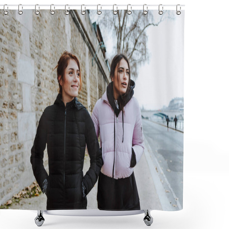 Personality  Two French Girls Or Couple Of Women Friends In Sports Outfit Walking Outdoors In Morning And Winter Or Cold Weather In European City Shower Curtains