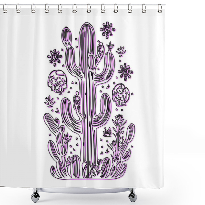 Personality  Hand Drawn Line Art Illustration Of A Saguaro Cactus And Desert Plants Shower Curtains