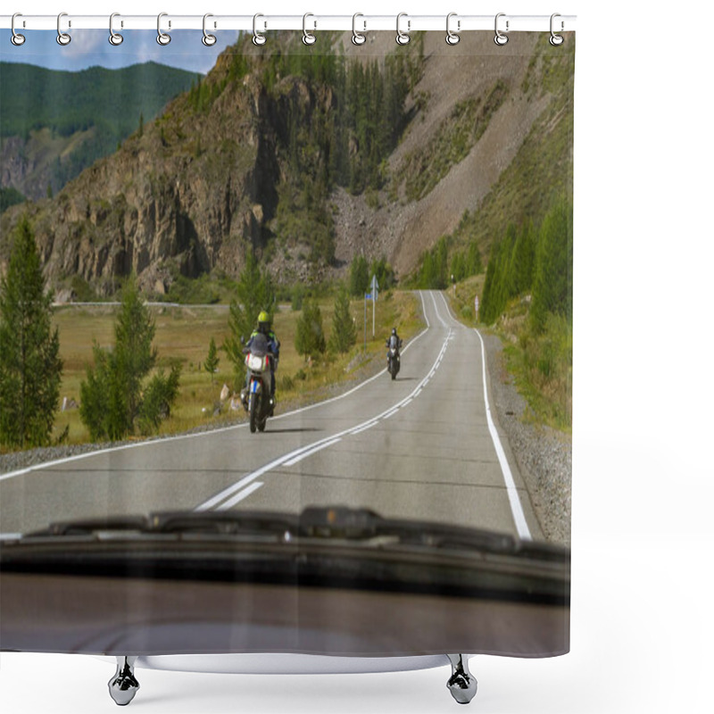 Personality  View From The Window Of The Car To Two Sports Motorcycles Traveling To A Meeting On A Serpentine In The Altai Mountains During The Race At High Speed Shower Curtains