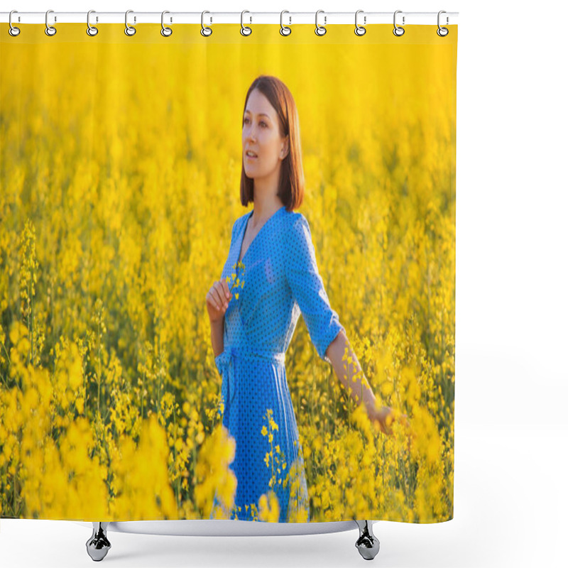 Personality  Pretty Girl Holding Yellow Flower. Young Attractive Woman In Blue Dress Standing In Yellow Field. Allergy Free Theme. Healthy Lifestyle Background. Vacation Concept. Day Off Outdoors. Shower Curtains