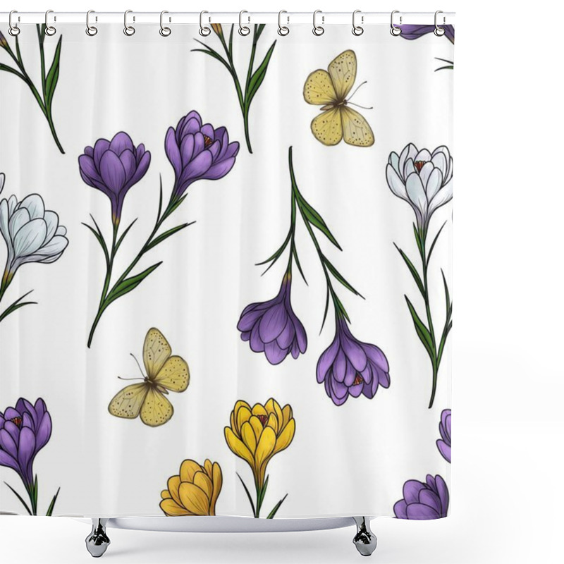 Personality  Spring Crocuses In Purple, White, And Yellow With Soft Yellow Butterflies In Big Design For Decorative Uses Shower Curtains