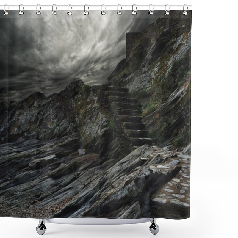 Personality  Dramatic Sky Over Steps In A Mountain. Shower Curtains