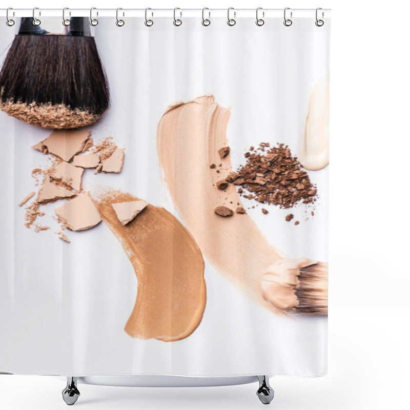 Personality  Top View Of Cosmetic Brushes With Face Foundation Brushstrokes And Powder On White Shower Curtains