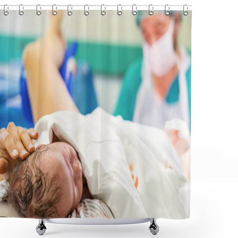 Personality  Cute Newborn Baby Boy Just After Childbirth And Doctor In The Background Shower Curtains