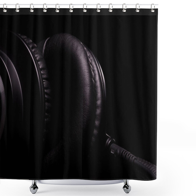 Personality  Beautiful Details Of Professional Studio Headphones Close-up On A Black Background Shower Curtains