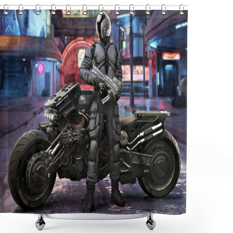 Personality  Futuristic Armored Patrol Officer With Weaponized Vehicle Stands Watch With An Urban Neon City Retro Background. 3d Rendering Shower Curtains