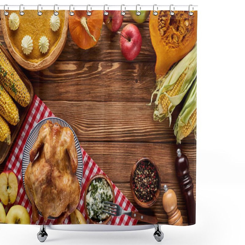 Personality  Top View Of Roasted Turkey, Pumpkin Pie And Grilled Vegetables Served On Wooden Table Shower Curtains