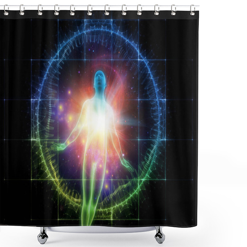 Personality  Light Within Series. 3D Rendering Of Human Figure, Radiating Light And Fractal Elements On The Subject Of Inner Energy, Astral Dimension And Spirituality. Shower Curtains