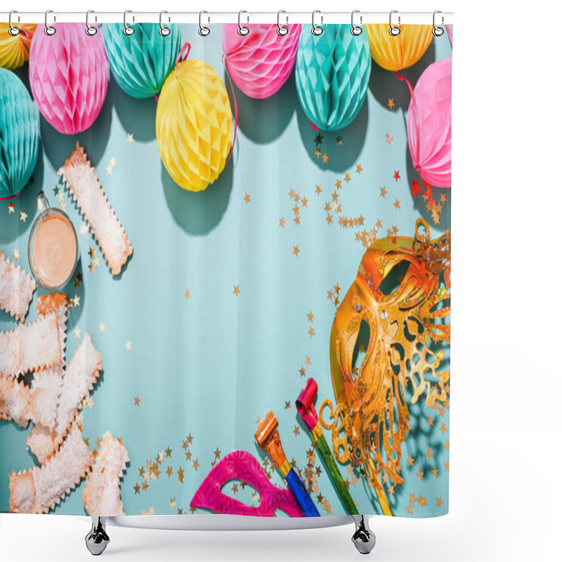 Personality  Traditional Venetian Carnival And Food TYPICAL. Sfrappole Or Chiachiere Or Angel Wings On A Bright Blue Background. Carnival Masks And Tinsel. Copy Space. Shower Curtains