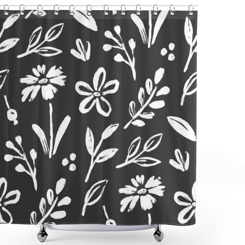 Personality  Flower Brush Seamless Pattern. Floral Abstract Hand Drawn Brush Paint Background. Sketch Hand Drawn Leaf Floral Paint Seamless Pattern. Chalkboard Texture Flower Background. Vector Illustration Shower Curtains