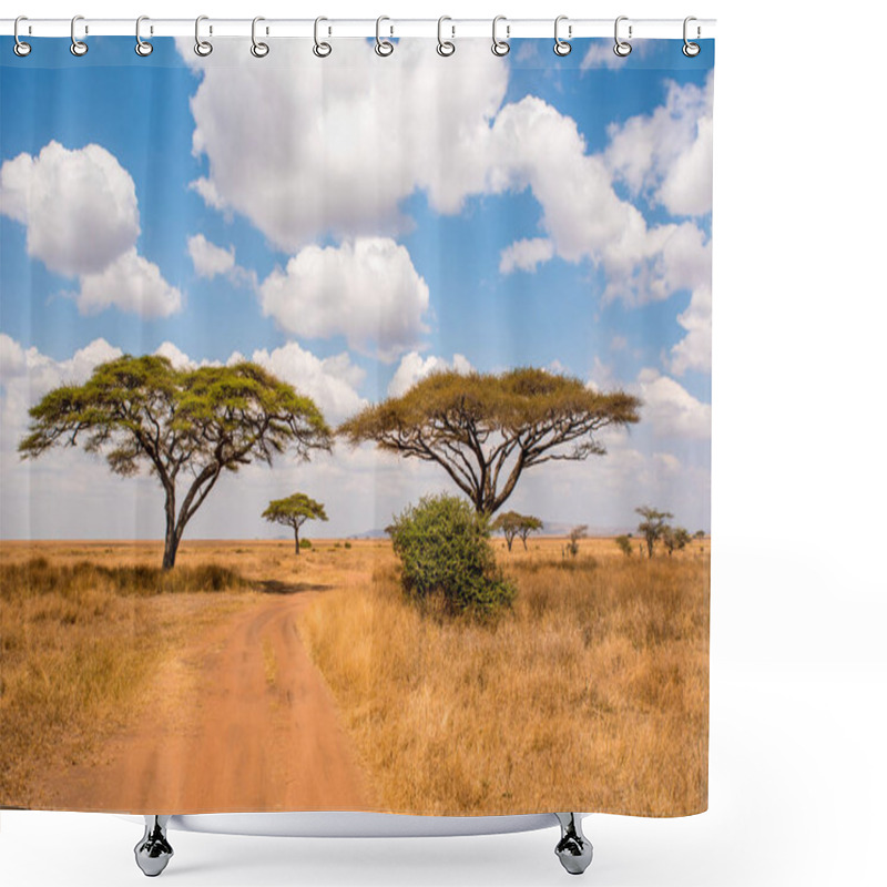 Personality  Game Drive On Dirt Road With Safari Car In Serengeti National Park In Beautiful Landscape Scenery, Tanzania, Africa Shower Curtains