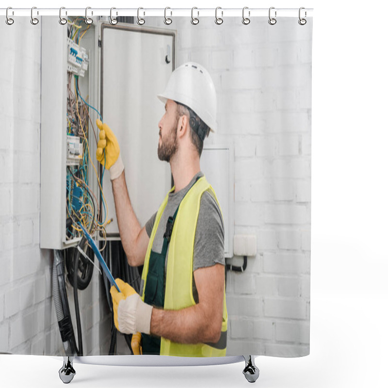 Personality  Side View Of Electrician Holding Clipboard And Checking Wires In Electrical Box In Corridor Shower Curtains