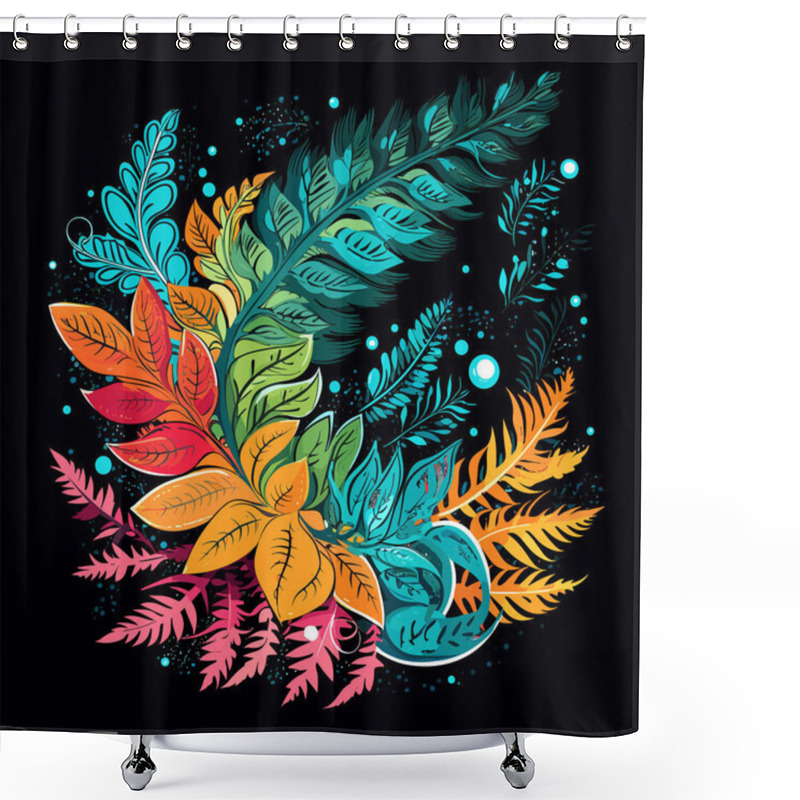 Personality  Abstract Floral Pattern Illustration Of Floral Explosion. Fern Leaves And Flowers On Dark Background In Vector Pop Art Style. Template For Poster, T-shirt, Sticker, Etc. Shower Curtains