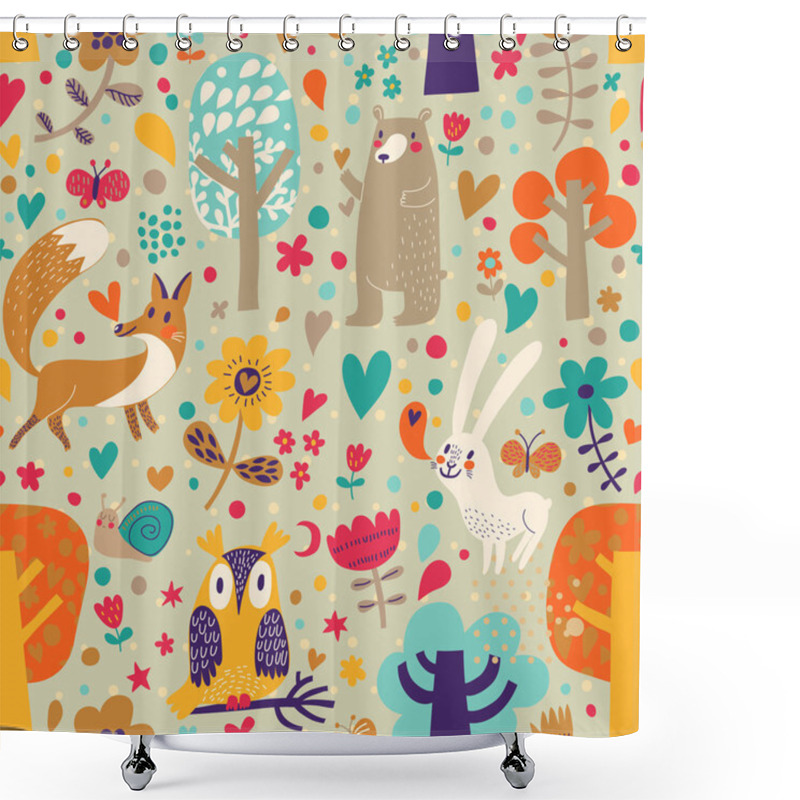 Personality  Stylish Floral Seamless Pattern With Forest Animals Shower Curtains