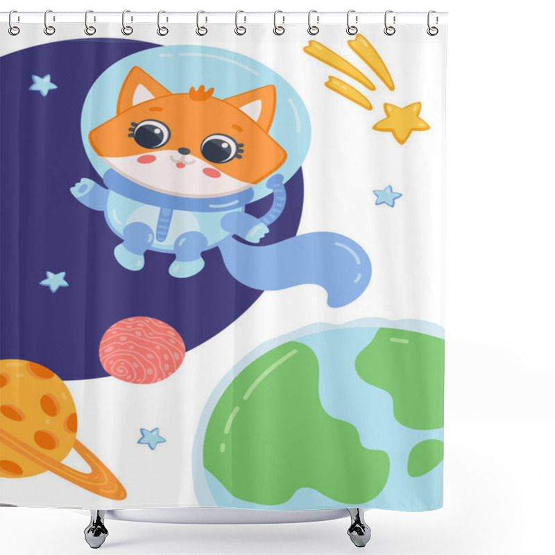 Personality  Card Or Poster With Cute Cat Floating In Open Space, Flat Vector Illustration. Shower Curtains