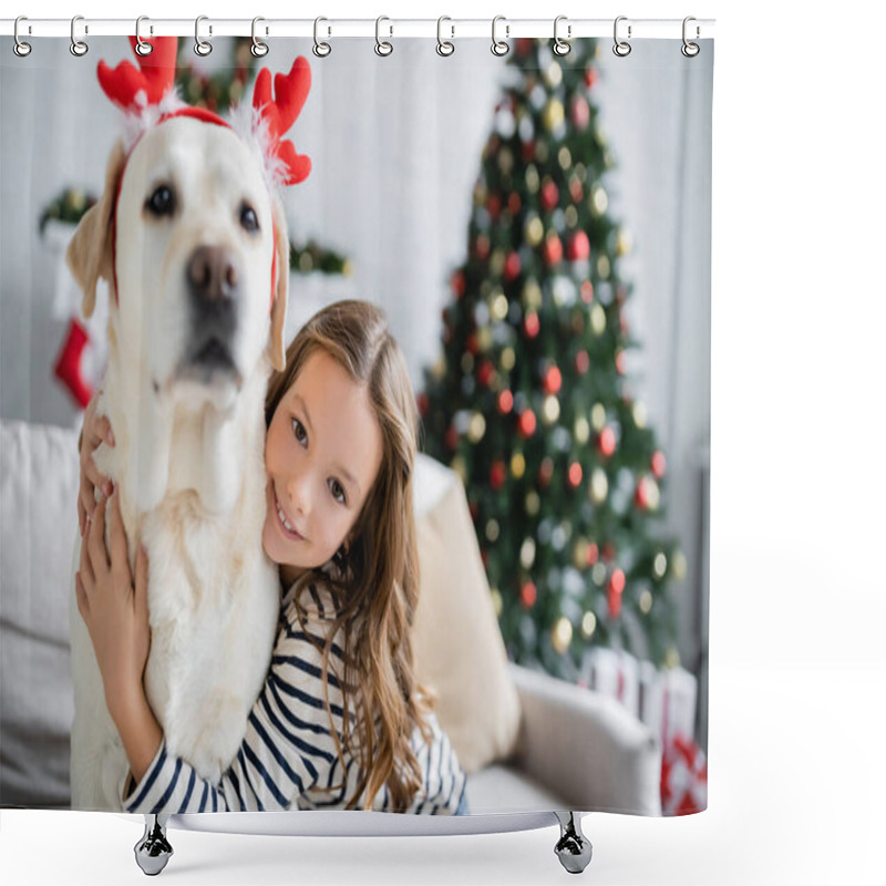 Personality  Smiling Girl Hugging Labrador With Christmas Headband And Looking At Camera In Living Room  Shower Curtains