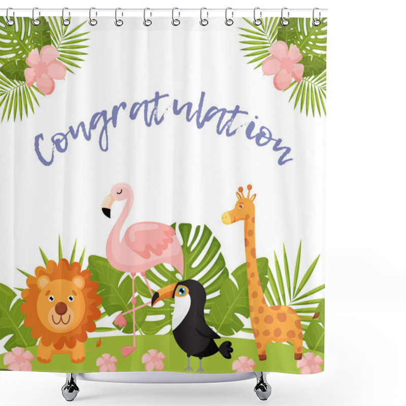 Personality  Cute Postcard With Animals And Tropical Leaves. Lion, Flamingo, Toucan And Giraffe. Shower Curtains