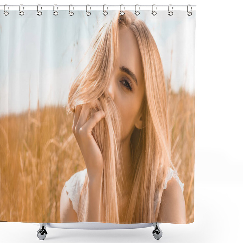 Personality  Young Blonde Woman Obscuring Face With Hair While Looking At Camera Against Blue Sky In Field Shower Curtains