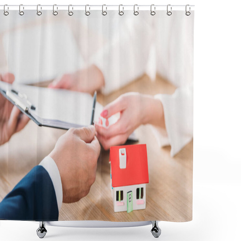 Personality  Cropped View Of Businessman Giving Clipboard With Loan Agreement To Client Near House Model  Shower Curtains