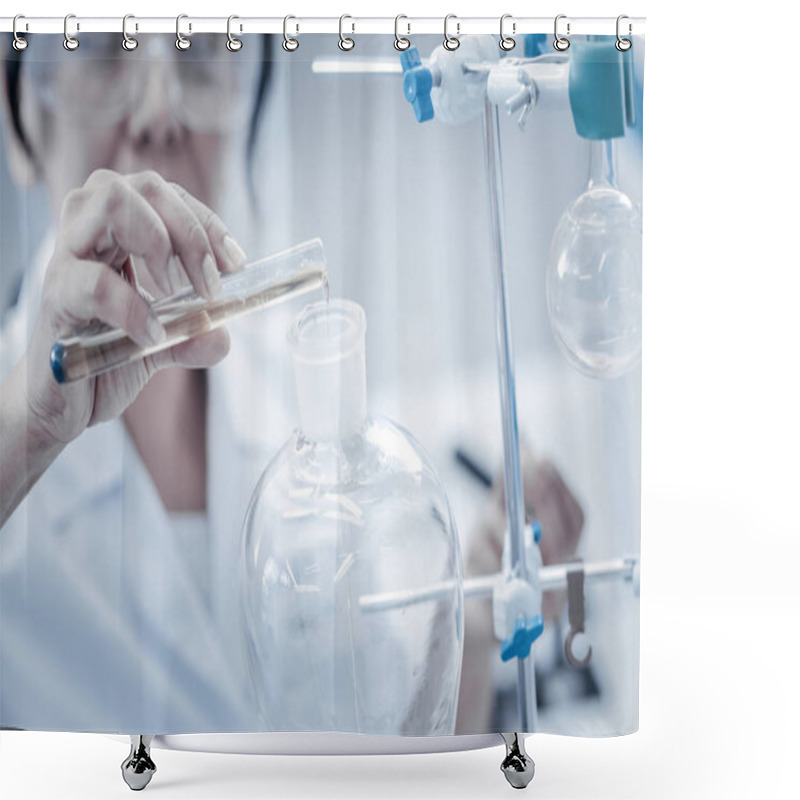 Personality  Close Up Of Scientist Pouring Liquid During Chemical Experiment Shower Curtains