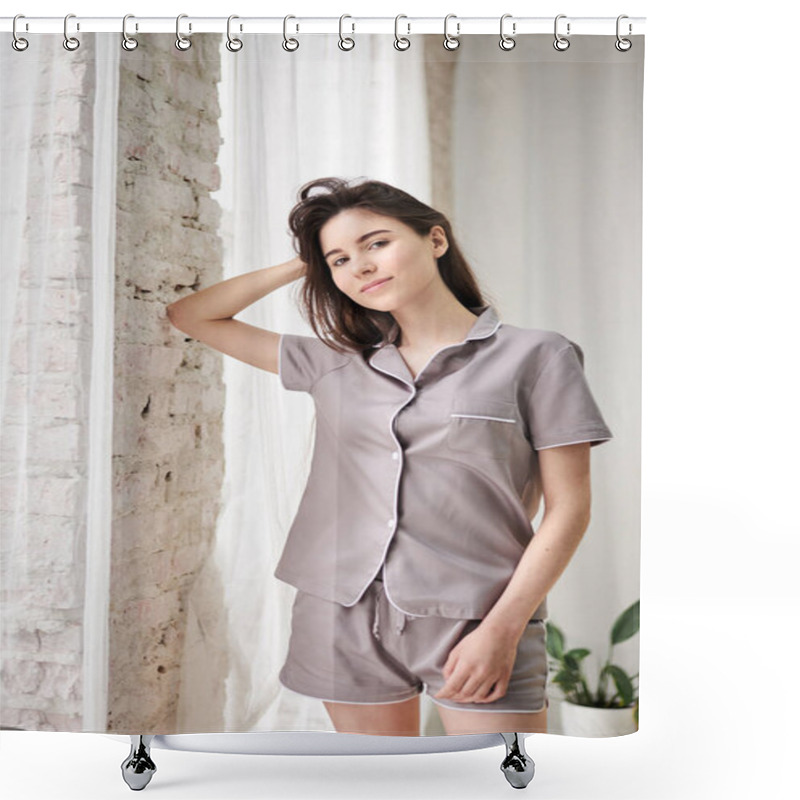 Personality  Young Pretty Slim Brunette Woman, Wearing Grey Satin Pajamas, Posing For Picture In Front Of White Wall Near Big Window With White Tulle. Sleepwear Design. Cute Girl In The Morning. Shower Curtains