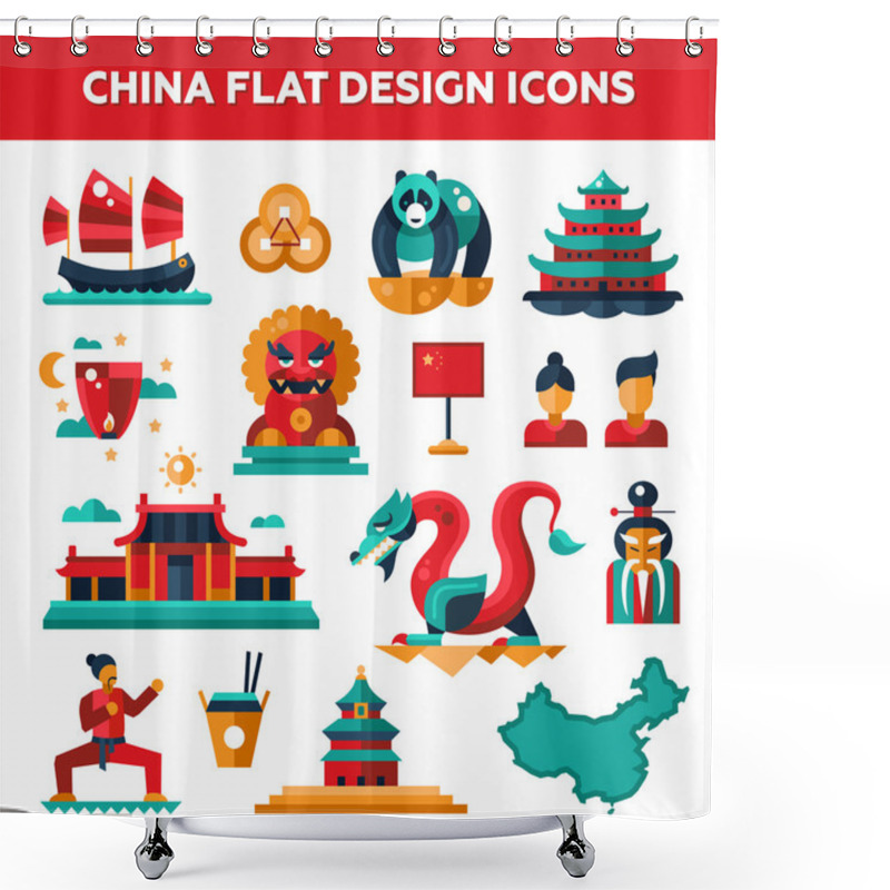 Personality  Set Of Flat Design China Travel Icons, Infographics Elements With Landmarks And Famous Chinese Symbols Shower Curtains