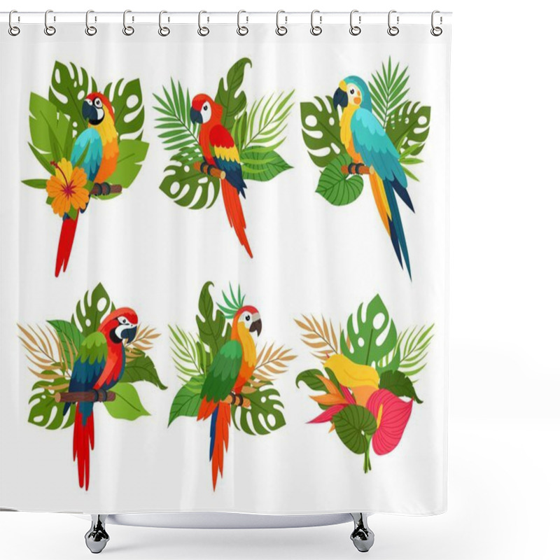 Personality  Set Of Parrots With Tropical Plants In Flat Style. Tropical Composition. Tropical Bird. Jungle Plants. Shower Curtains