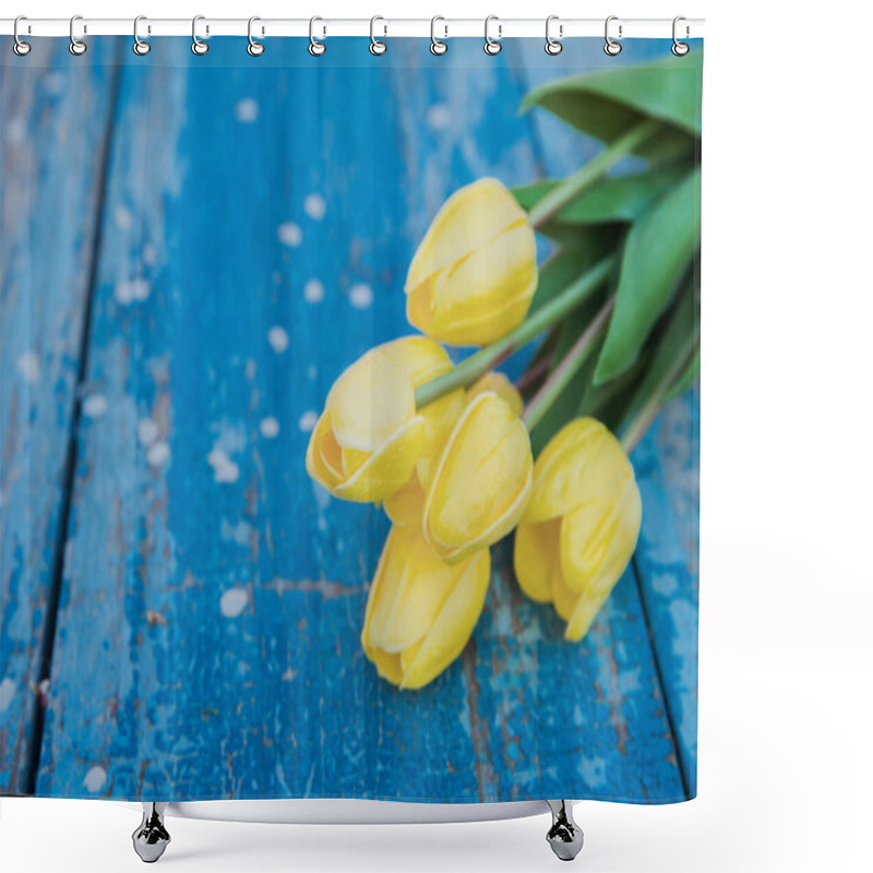 Personality  Yellow Tulips And Spring Blossoms On Rustic Blue Background Shower Curtains