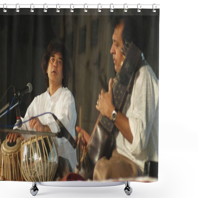 Personality  Indian Classical Music Maestros Zakir Hussain Tabla Player With Ustad Sultan Khan Sarangi Player, India     Shower Curtains