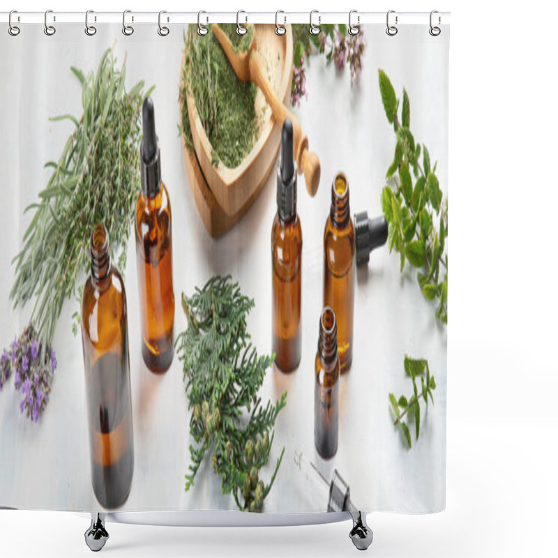 Personality  Bottles Of Essential Oils. Herbal Medicine. Aromatherapy. Shower Curtains