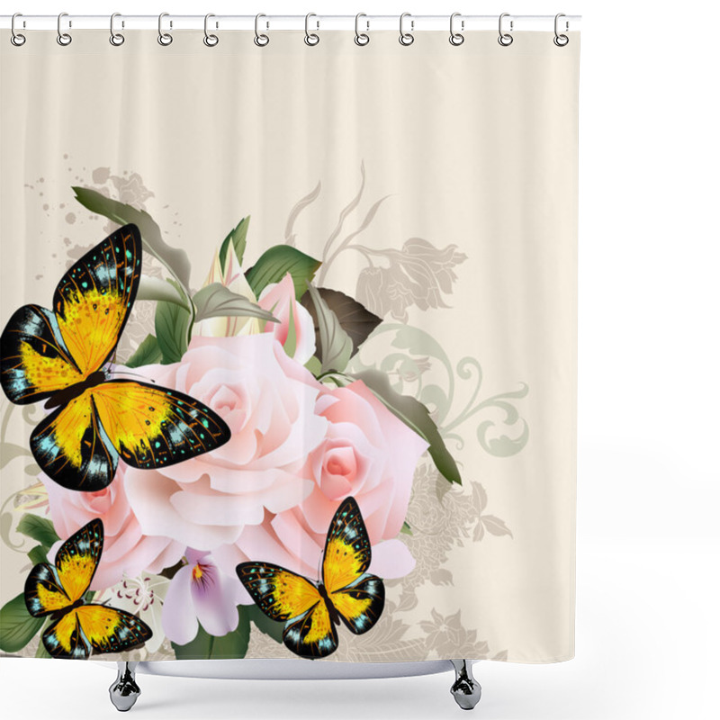 Personality  Floral Vector Pattern With Roses And Butterflies Shower Curtains