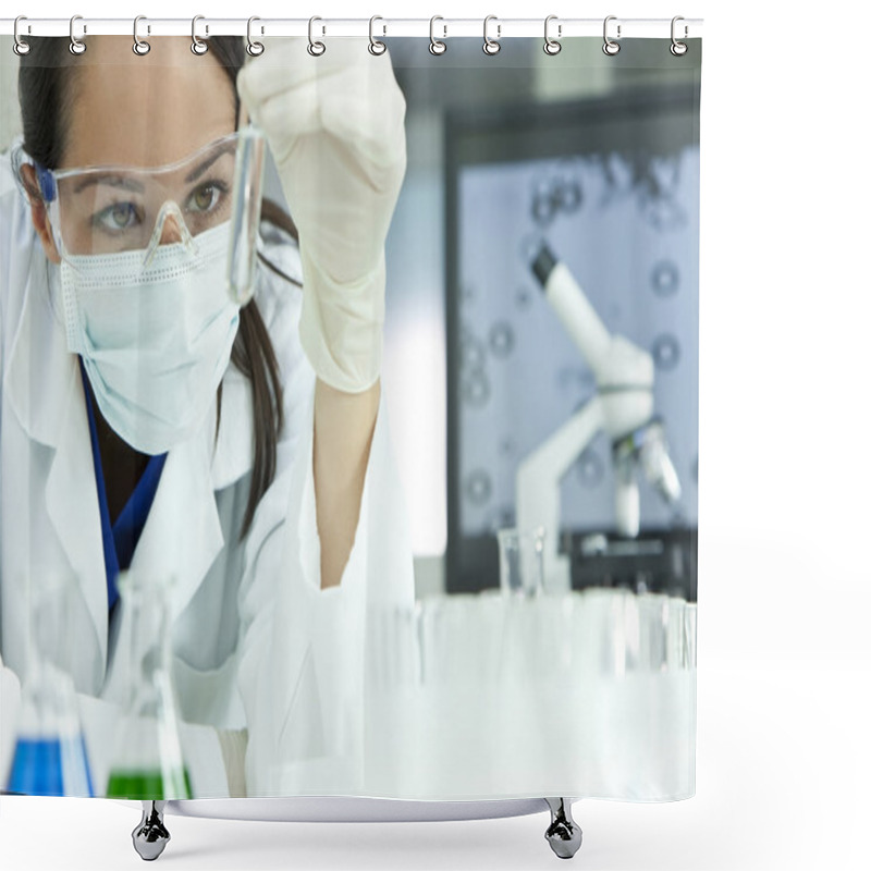 Personality  Female Scientist Or Woman Doctor With Test Tube In Laboratory Shower Curtains