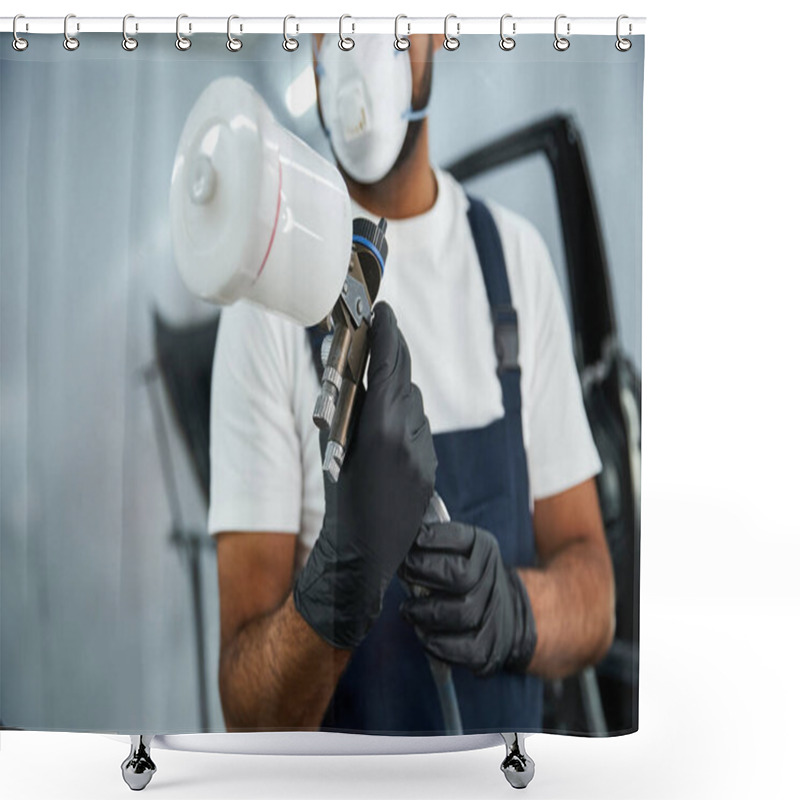 Personality  Skilled Mechanic Focuses Intently While Using A Spray Gun For Auto Body Work In A Garage. Shower Curtains