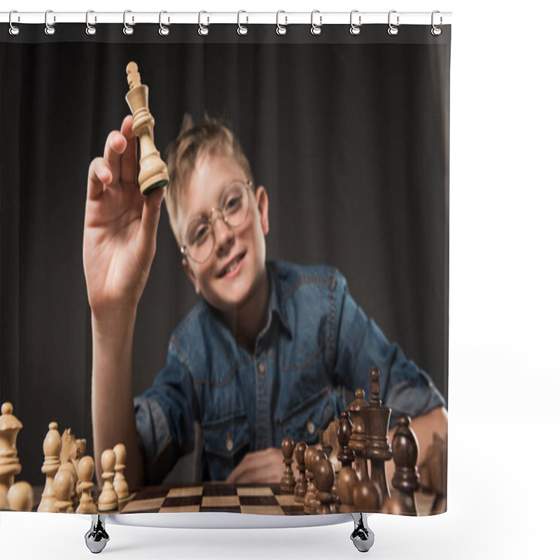 Personality  Selective Focus Of Little Boy In Eyeglasses Holding Chess Figure Over Chess Board On Grey Background  Shower Curtains