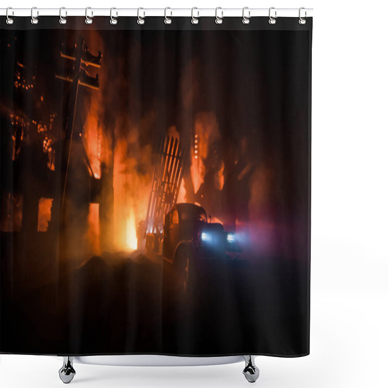 Personality  Rocket Launch With Fire Clouds. Battle Scene With Rocket Missiles With Warhead Aimed At Gloomy Sky At Night. Soviet Rocket Launcher On War Background. Creative Composition. Shower Curtains