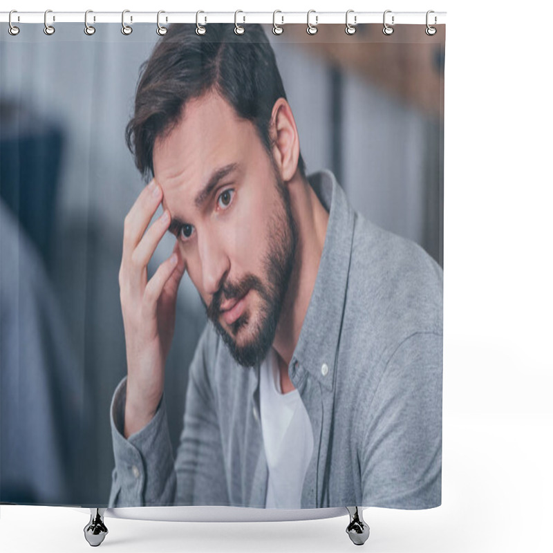 Personality  Handsome Upset Man Sitting, Touching Face And Grieving At Home Shower Curtains