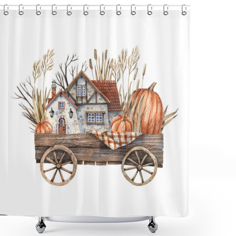 Personality  Watercolor Illustration Of A Wooden Cart With Pumpkins, Dry Herbs, Branches And A Farmhouse With A Tiled Roof. Illustration Isolated On White Background In Vintage Style. Shower Curtains