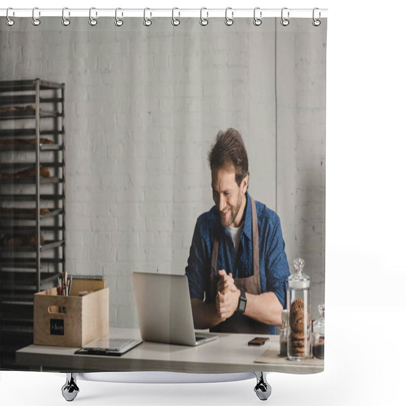 Personality  Man Working With Laptop At Bakery Shower Curtains