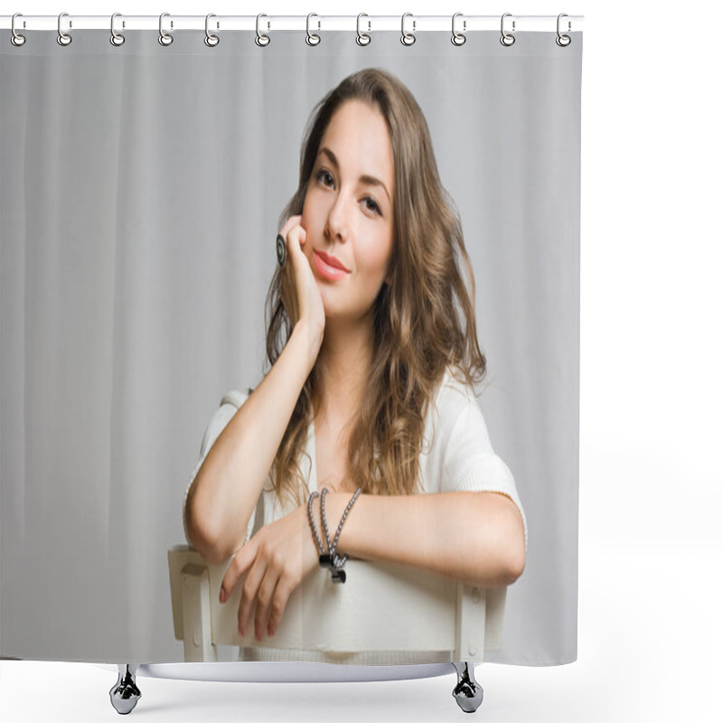 Personality  Thoughtful Young Brunette Woman. Shower Curtains