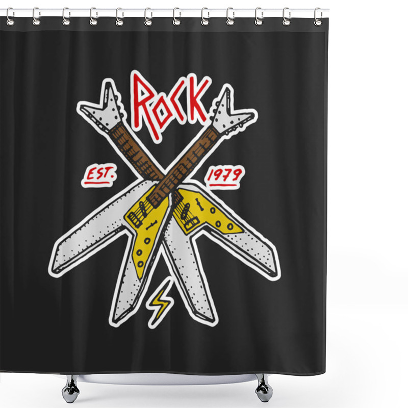 Personality  Rock And Roll Music Symbols With Guitar Wings Skull, Drums Plectrum. Labels, Logos. Heavy Metal Templates For Design T-shirt, Night Party And Festival. Hand Drawn. Engraved Sketch. Shower Curtains