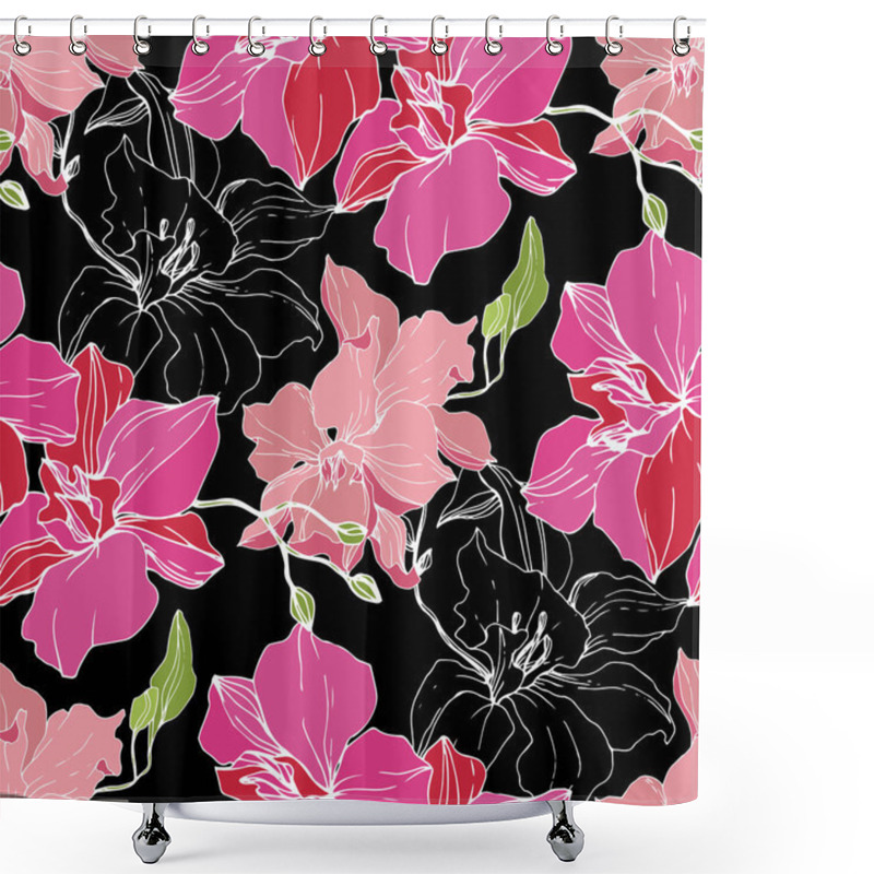 Personality  Beautiful Pink Orchid Flowers Isolated On Black Background. Seamless Background Pattern. Fabric Wallpaper Print Texture. Engraved Ink Art. Shower Curtains