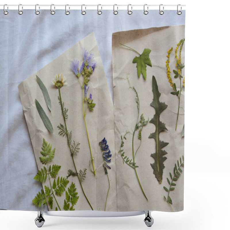 Personality  Sheets Of Paper With Dried Flowers And Leaves On White Fabric, Flat Lay Shower Curtains